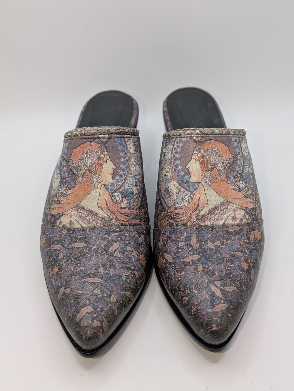Icon wearable art Leather shoes Mules Heels Mucha Size 8 Art Nouveau